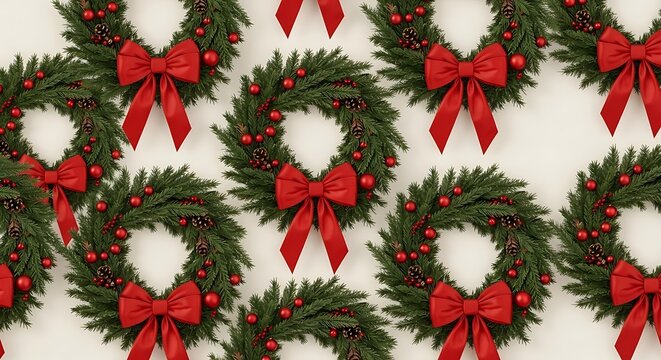 Christmas wreaths with red bows and ornaments on a white background - Powered by Adobe