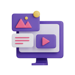 3d computer screen displaying various digital content elements isolated on transparent background