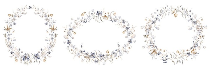 Watercolor wedding wreath with dried winter plants. Botanical border for design. Floral circle for invitation template.