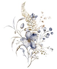 Watercolor bouquet of dried flowers and herbs. Botanical floral illustration. Isolated composition for card, invitation, template and design.