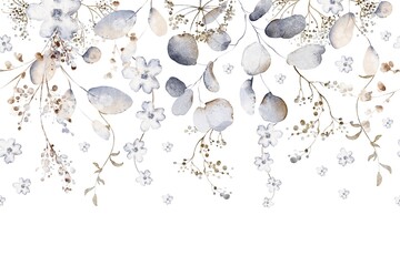 Seamless botanical border with eucalyptus leaves. Watercolor illustration for design, template, invitation and decoration. Floral pattern for cards and backgrounds.