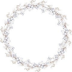 Botanical watercolor wreath with dry plants and herbs. Circular composition for wedding invitation and greeting card. Rustic frame for design and print. Isolated element.