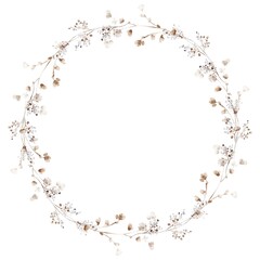 Botanical watercolor wreath with dry plants and herbs. Circular composition for wedding invitation and greeting card. Rustic frame for design and print. Isolated element.