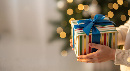 Hands holding a wrapped present with blue ribbon by a Christmas tree  