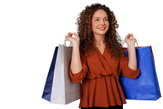 Woman enjoying successful shopping day, carrying colorful bags, smiling, transparent background