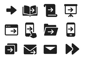 Solid Navigation Icons. Solid style icons of navigation skip: forward arrow, next page, book flip, document scroll, presentation