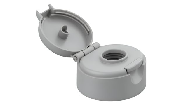 Open grey plastic flip-top bottle cap for liquid containers, highlighting its versatile design and practical functionality, precisely photographed, isolated on a clean transparent background