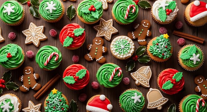 Festive christmas cupcakes and gingerbread cookies on wooden surface