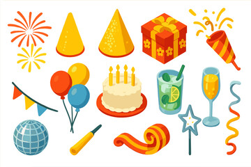 Festive Celebration Icons. Isometric vector illustration set celebration elements: red and yellow fireworks, glittery cone hat,