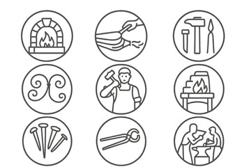 Traditional Blacksmith Icons. Line style icons of traditional blacksmithing in round shape: medieval forge, bellows pumping, old