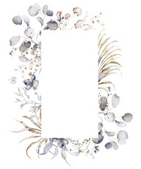 Rectangular eucalyptus leaf frame in watercolor style. Perfect for wedding invitations, greeting cards, and holiday templates. Includes botanical elements and floral arrangement.