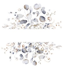 Watercolor botanical bouquet with eucalyptus leaf for wedding design. Floral illustration for invitation, card, template, stationery, decoration and printable composition.