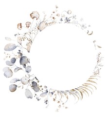 Watercolor eucalyptus wreath frame with leaves and twigs. Botanical floral circular design for wedding, greeting, and holiday cards.