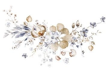 Watercolor botanical arrangement with dried flowers for wedding and invitation. Floral illustration for card and stationery. Isolated composition for design and decoration.