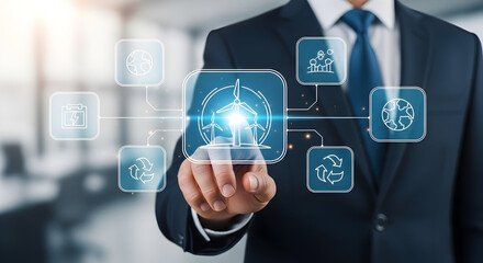 Businessman touching digital interface icons representing environmental conservation and sustainable development for corporate social responsibility
