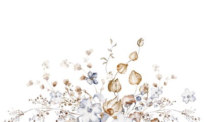 Watercolor botanical arrangement with dried flowers for wedding and invitation. Floral illustration for card and stationery. Isolated composition for design and decoration.