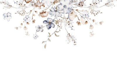 Watercolor botanical arrangement with dried flowers for wedding and invitation. Floral illustration for card and stationery. Isolated composition for design and decoration.