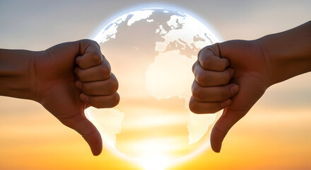 Two hands giving thumbs down gesture against a glowing Earth and sunset symbolizing global issues and negative feedback