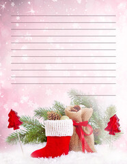Christmas letter to Santa template with red boot, gift bag, fir tree and lollipop, printable To Do List, organizer or planner. Paper for invitation or greeting card. Lined shiny glowing background.