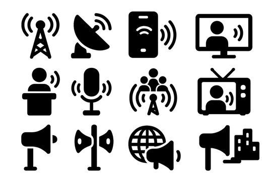 Broadcasting Icons Collection. Solid style icons of broadcasting: radio tower, satellite dish, streaming signal, online broadcast,