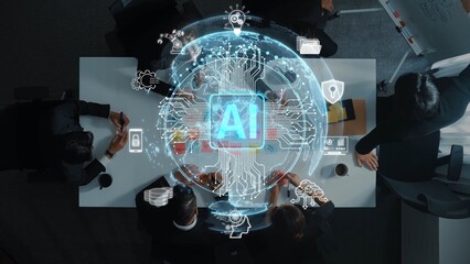 A modern meeting scene showcasing a diverse team collaborating with futuristic AI technology, illustrating innovation and strategic planning in a sleek professional environment. Raster
