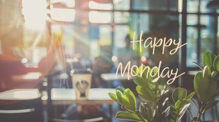 A cozy café scene with sunlight streaming through the window. A plant is in the foreground, and a coffee cup is visible on the table. The words 'Happy Monday' are written on the glass.