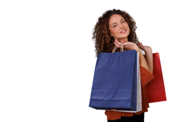 Woman smiling and holding shopping bags, reflecting consumerism, retail deals, discounts, and purchase excitement, transparent background