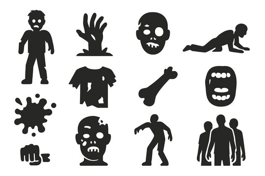 Zombie Apocalypse Icons. Solid style icons of Zombie apocalypse: zombie figure, undead hand, decayed face, crawling zombie, blood