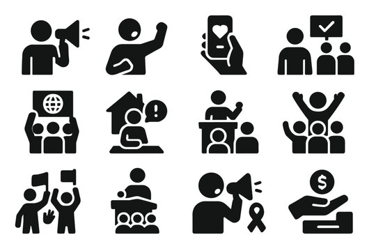 Community Outreach Icons. Solid style icons of community outreach: teacher with megaphone, activist shout, charity call, volunteer