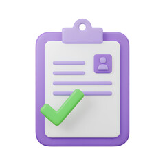 Purple clipboard with checklist and green checkmark isolated on transparent background