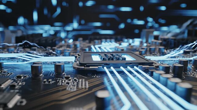 Computer motherboard with glowing blue circuitry perfectly encapsulating technological innovation and connectivity, capturing cutting edge progress and seamless integration for futuristic.