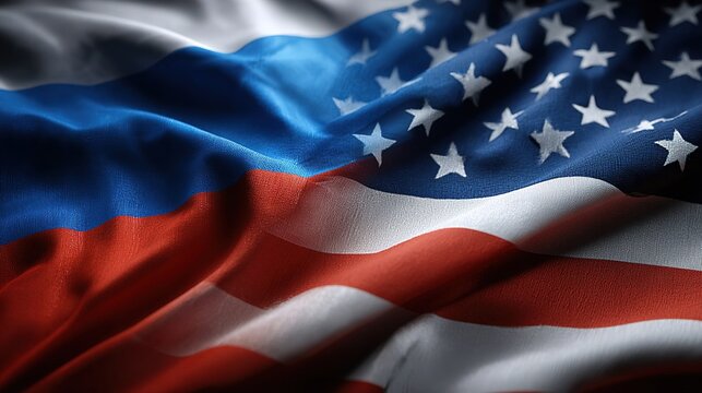 dark brutal russian and american flags background with copy space. political banner. russia vs america. superpower.