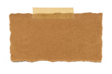 Brown torn paper note adhered with tape, providing an empty space for text or message, isolated on transparent background