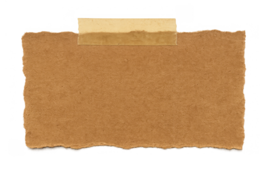 Brown torn paper note adhered with tape, providing an empty space for text or message, isolated on transparent background - Powered by Adobe