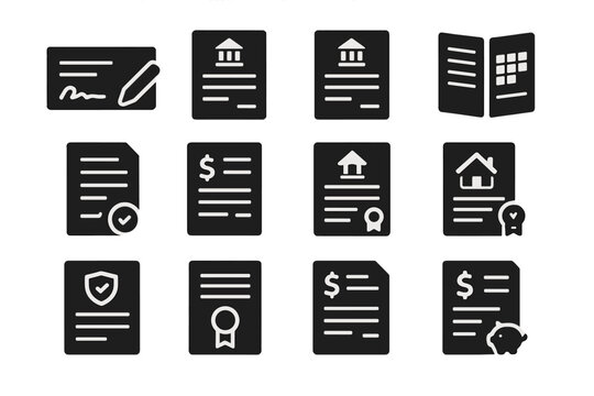 Banking Document Icons. Solid style icons of Banking documents: cheque book, deposit slip, withdrawal slip, passbook, bank