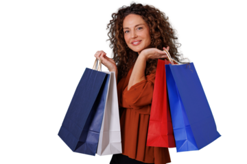Happy woman holding shopping bags, enjoying shopping and consumerism, sales concept on transparent background