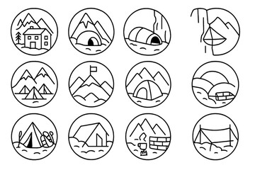 Mountain Shelter Line Icons. Line style icons of mountain shelters in round shape: alpine hut, snow cave, emergency bivy, cliff