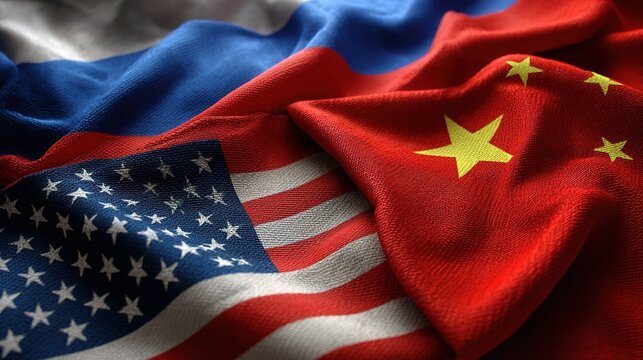dark brutal russian, chinese and american flags background with copy space. political banner. russia vs america vs china. superpowers.