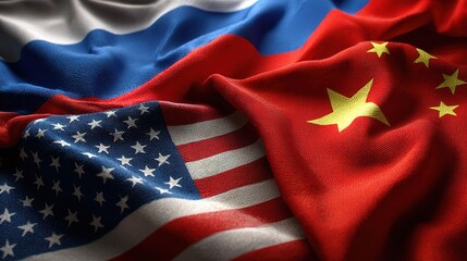 dark brutal russian, chinese and american flags background with copy space. political banner. russia vs america vs china. superpowers.