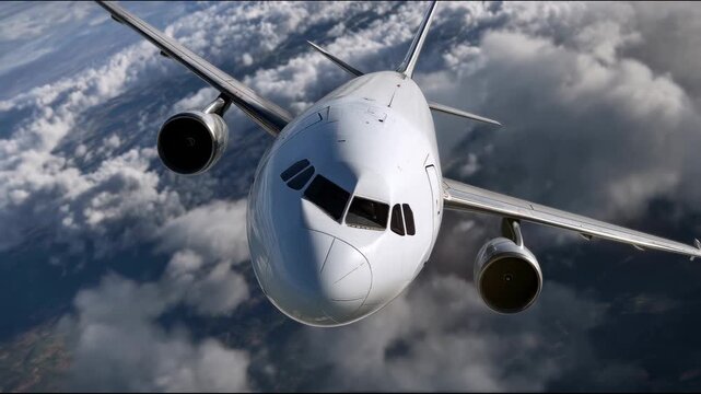 A passenger jet aircraft cuts through a dense layer of clouds, banking slightly to the side as it continues climbing with thick white cumulus clouds drifting beneath it