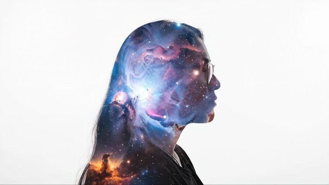 double exposure combines indigenous female profile silhouette with cosmic galaxy. mind, psychology, imagination, and creative thought. universe inside person. native american heritage