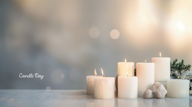 A collection of white candles of various heights arranged on a light surface. Soft bokeh background creates a serene atmosphere. Ideal for Candle Day themes.