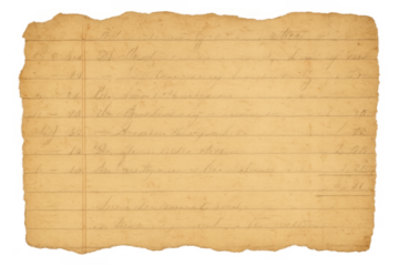 Old lined paper with torn edges and faded historical handwriting, vintage antique document background on transparent