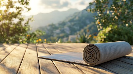 Yoga mat on wooden deck with mountain view at sunrise