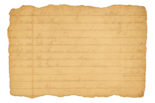Old lined paper with torn edges and faded historical handwriting, vintage antique document background on transparent
