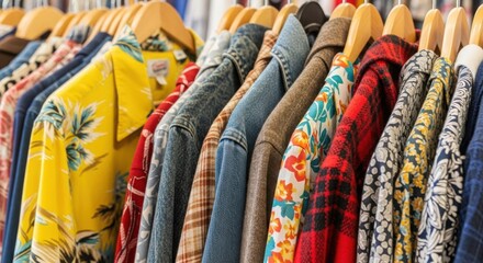 Clothes rack filled with assorted shirts and blouses on hangers. Clothes rack displays floral shirts, plaid patterns, and denim options.