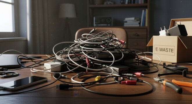 Ecology photo presents E waste collection with tangled cables and outdated electronics on wooden table, showcasing discarded electronics and various electrical wires.