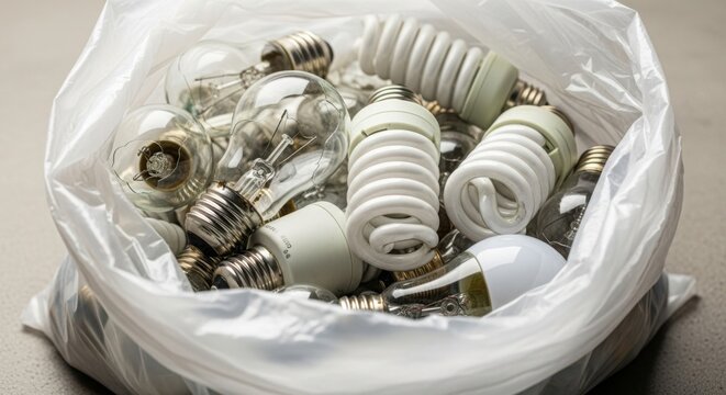 Discarded light bulbs and fluorescent lamps pile in clear plastic bag. Light bulbs display wastefulness of energy consumption. Light bulbs create pollution and hazardous materials for environment, - Powered by Adobe