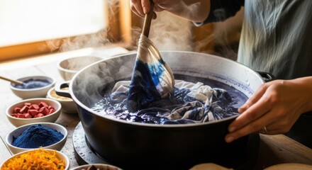 Natural dye process in bowl using dye extracted from plants, dye adds color to clothes. Natural dye extraction involves vibrant hues and colorful patterns for fabric coloring.