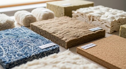Diverse samples of insulation material, showing natural texture, and structure. Insulation material helps maintain building energy efficiency and provides acoustic dampening in structures.